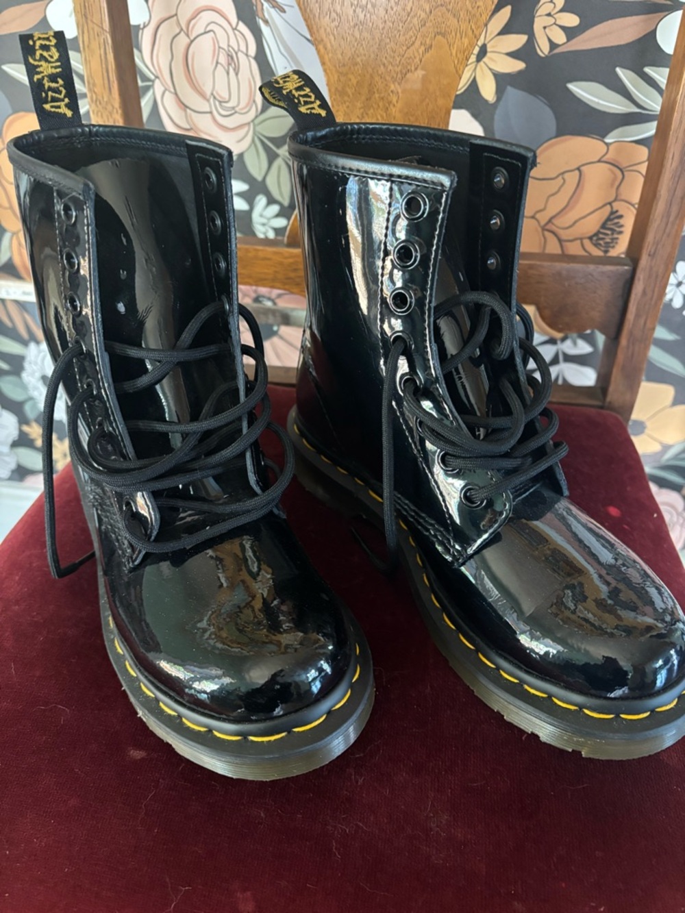 Dr. Martens Women's Black Patent Lace-Up Boots with Yellow Stitching